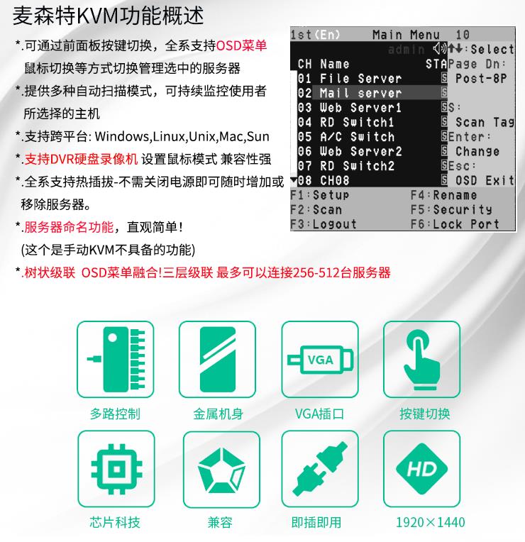 MS-1016i麥森特16口IP遠(yuǎn)程kvm切換器產(chǎn)品特性